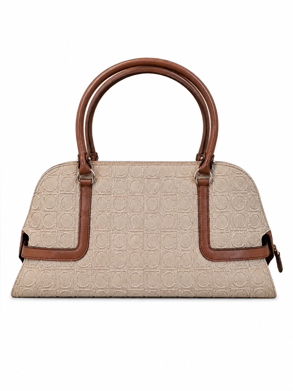 Salvatore Ferragamo Gancini Canvas & Leather Satchel Handbag Beige Brown Italy - Picture 2 of 15